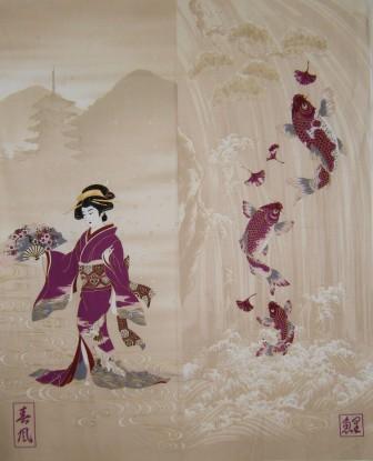 Purple cream & white on beige fabric panel featuring Geisha & Koi