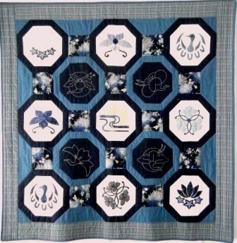 applique and embroidered hexegon Japanese quilt